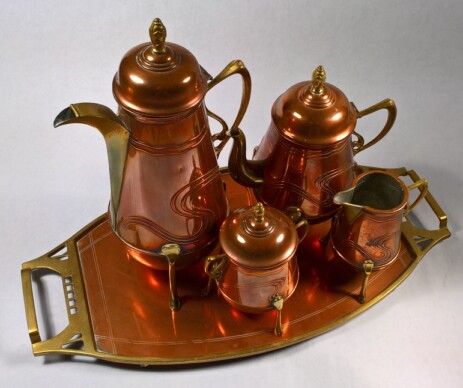 Fischer Göppingen Kaffeeservice um 1905 aus Messing Kupfer