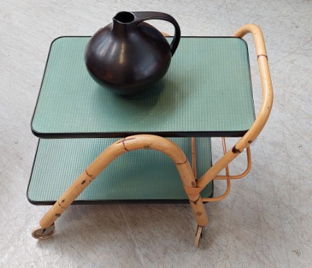 Rattan Servierboy Tea Trolley grün 1950 Rollen